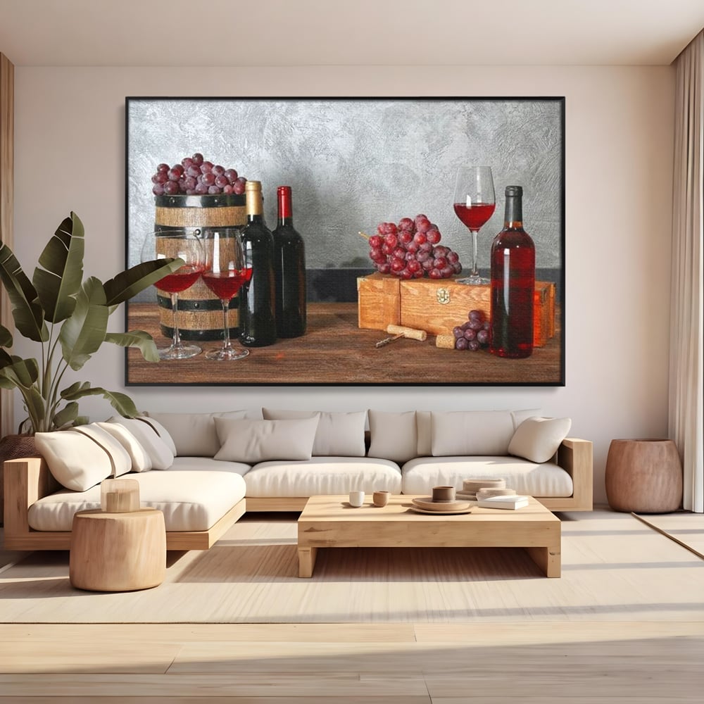 Tablou canvas cu tablou canvas cu sticle si struguri, in rama de aluminiu negru, pe perete intr-un living
